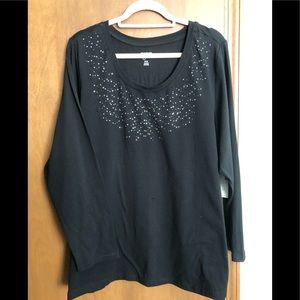 Plus size black cotton top w studded neckline